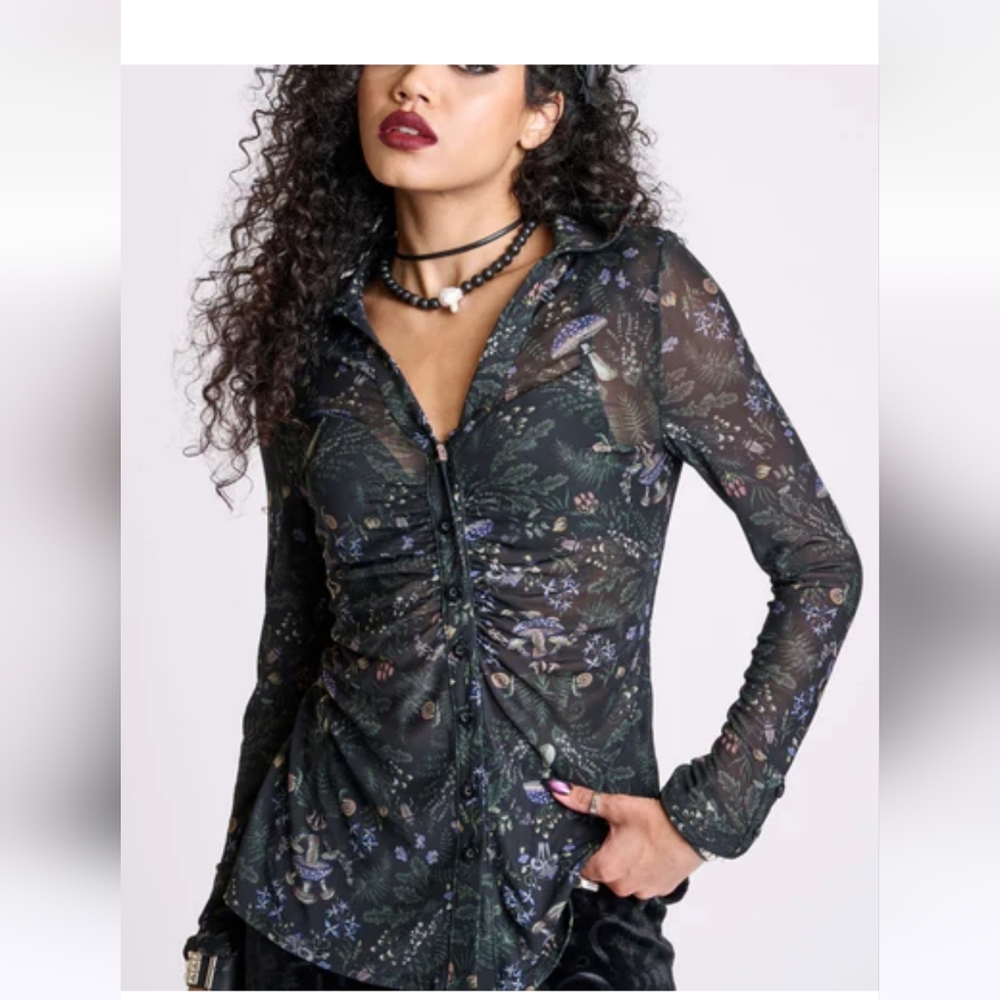 Midnight Hour Long Sleeve Mesh Button-Up Top with Mushroom Botanical Print